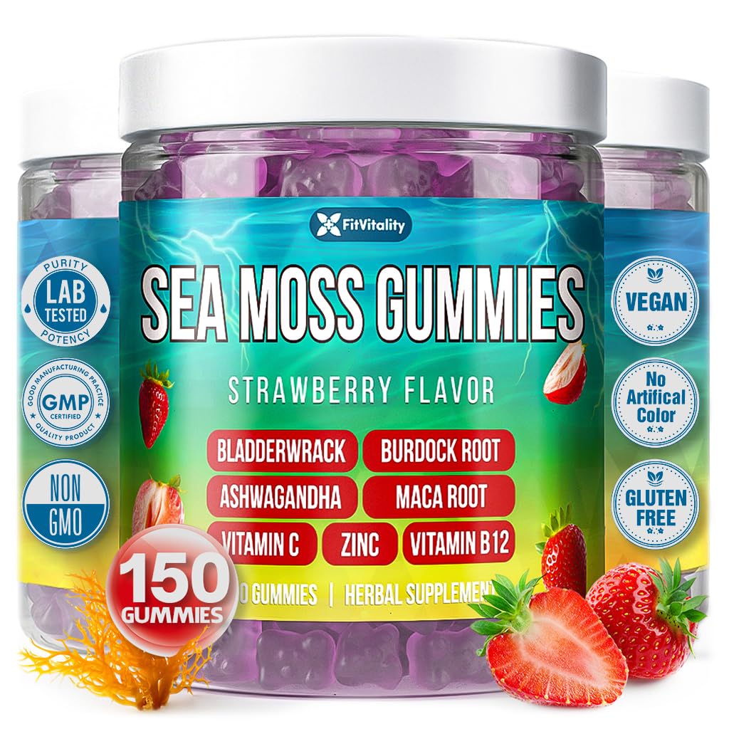 Bouteille de Gummies de Mousse de Mer FitVitality 150 unités vue de face
