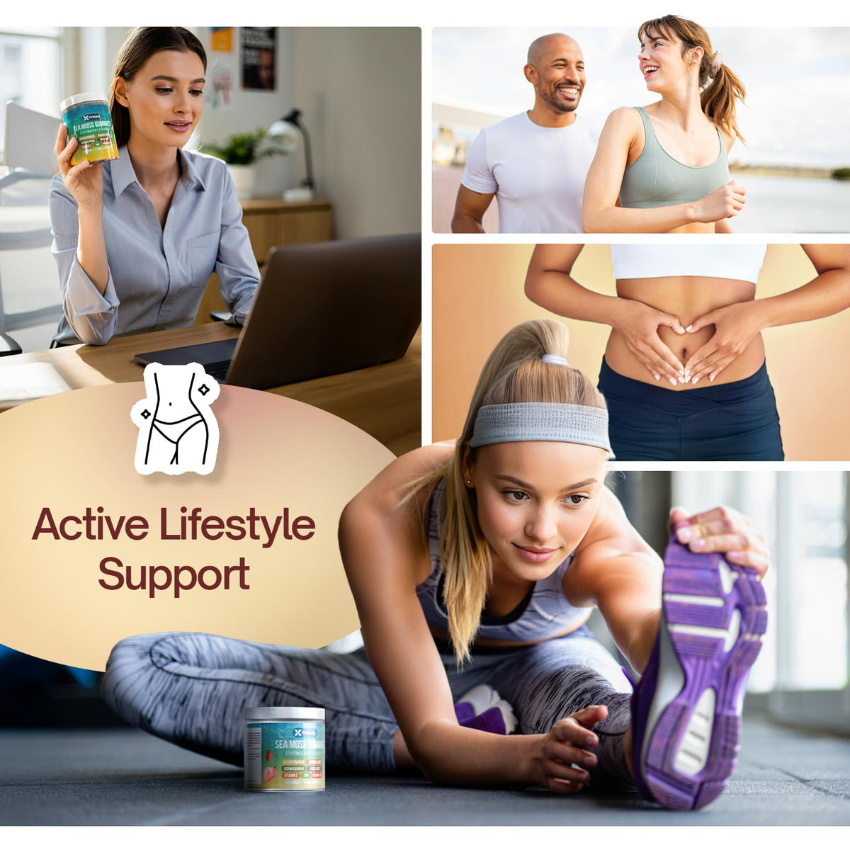 Bouteille de Gummies de Mousse de Mer FitVitality ouverte avec gummies visibles