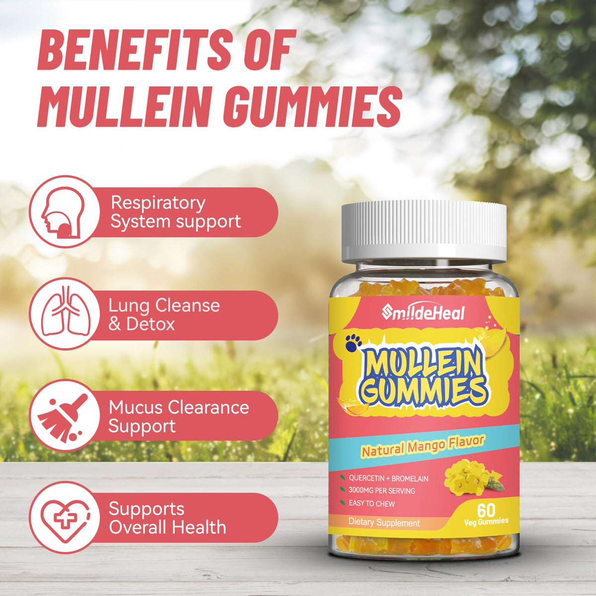 Bouteille de Gummies de Mullein SmildeHeal sur un fond blanc