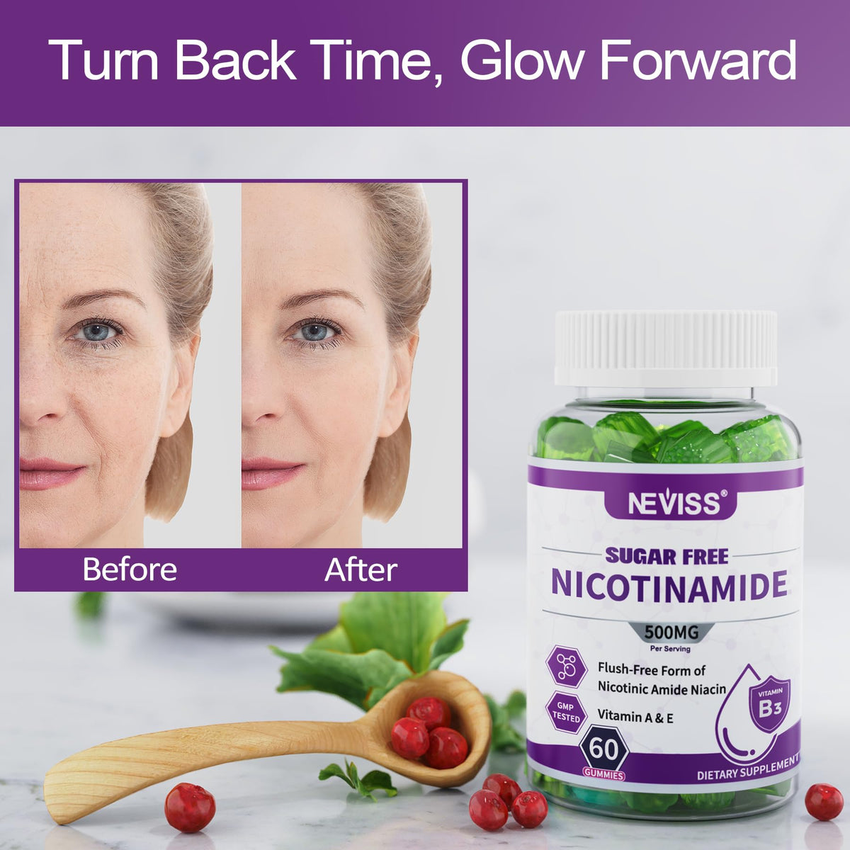 Bouteille de Gummies de Nicotinamide 500mg NEVISS ouverte