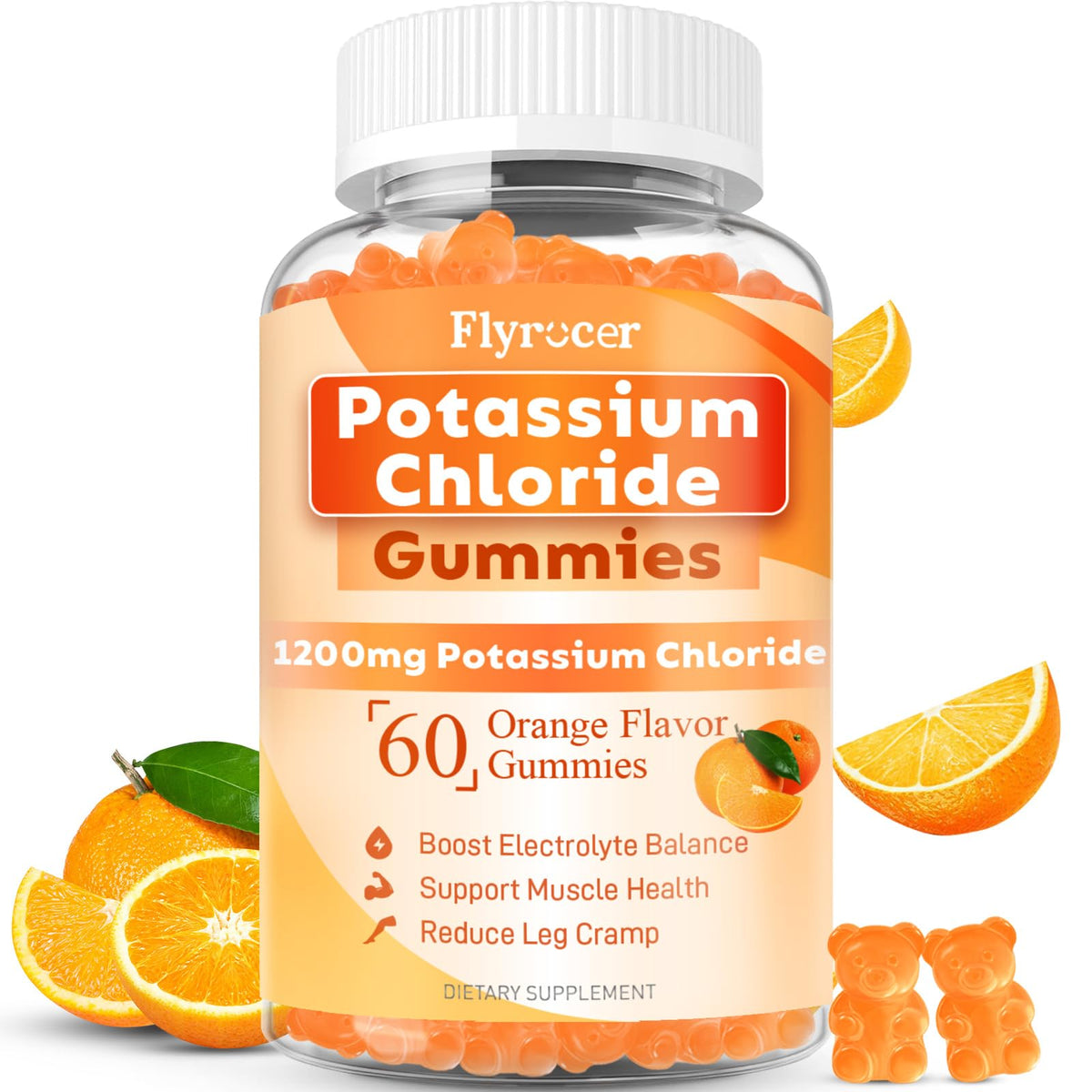 Bouteille de gummies de potassium Flyrocer 60 unités saveur orange