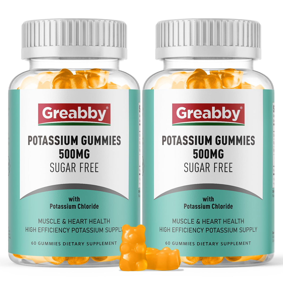 Bouteille de gummies de potassium GREABBY 500mg vue de face