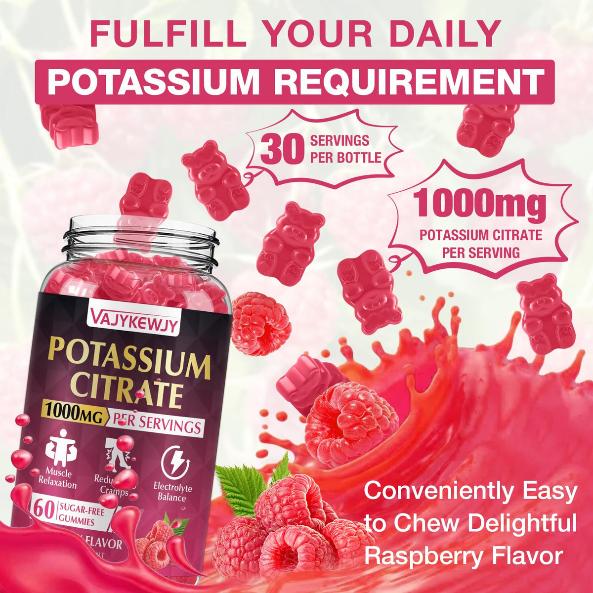 Bouteille de gummies de potassium VAJYKEWJY ouverte, vue de dessus
