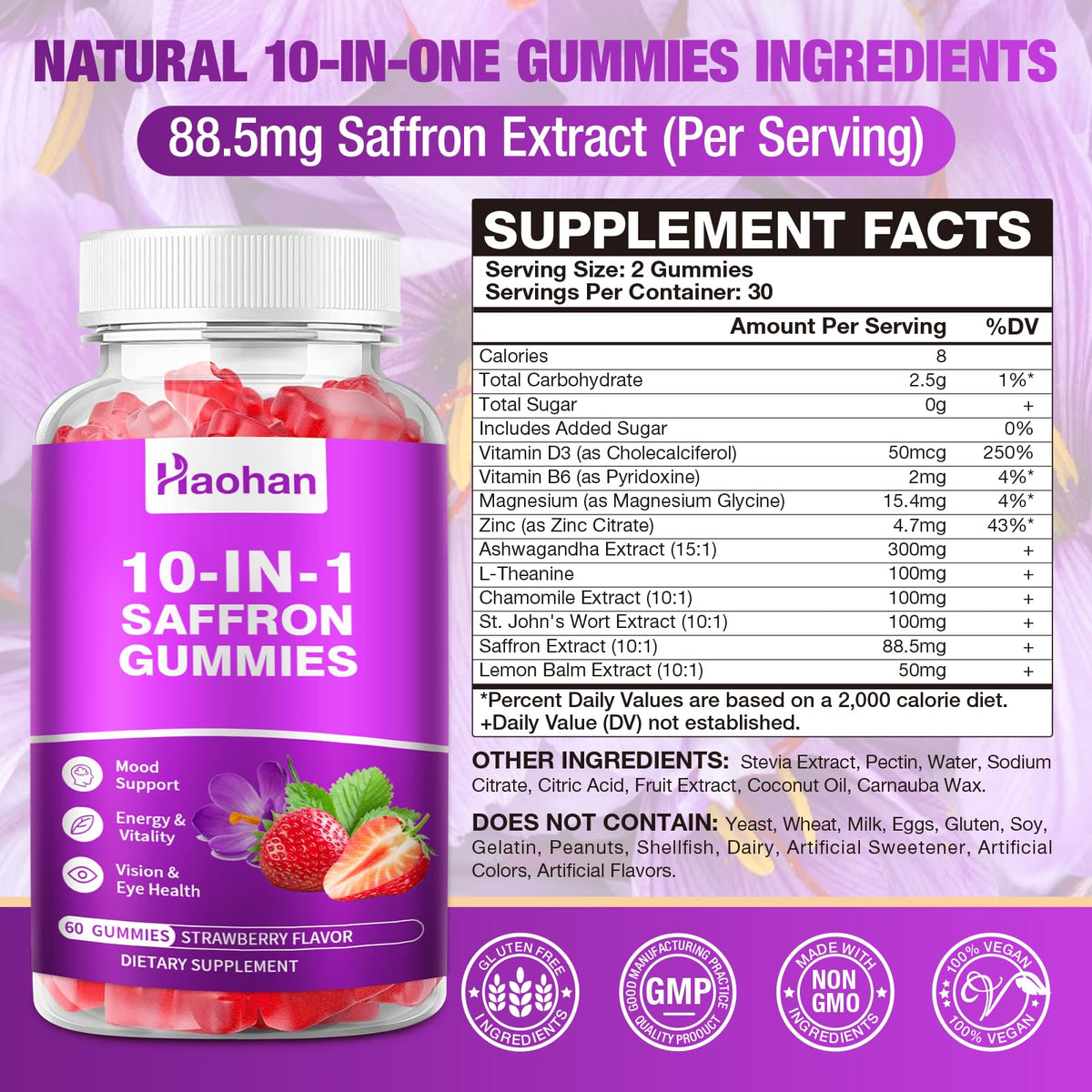 Bouteille de gummies de safran Haohan avec étiquette