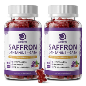 Bouteille de gummies de safran Lukaree avec étiquette et contenu visible