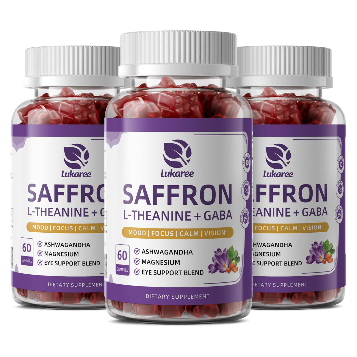 Bouteille de gummies de safran Lukaree avec étiquette visible