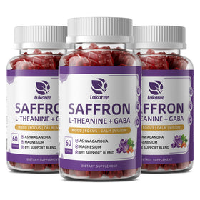 Bouteille de gummies de safran Lukaree avec étiquette visible