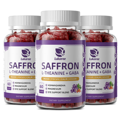 Bouteille de gummies de safran Lukaree avec étiquette visible