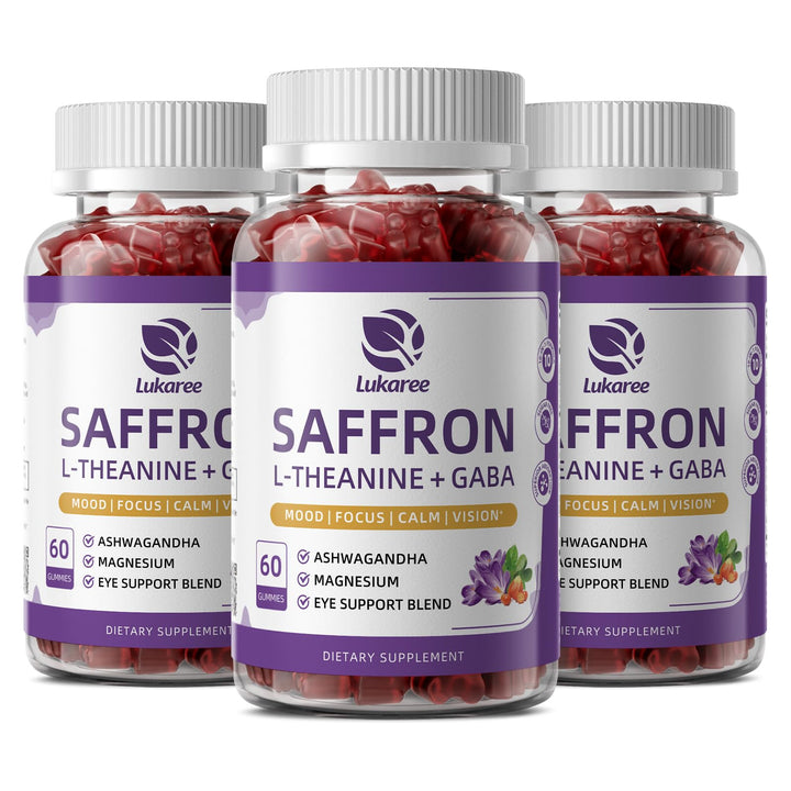 Bouteille de gummies de safran Lukaree avec étiquette visible