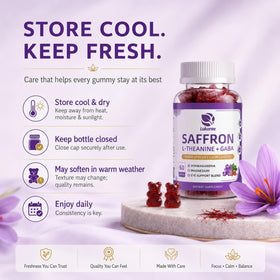 Bouteille de gummies de safran Lukaree ouverte avec quelques gummies à l'extérieur
