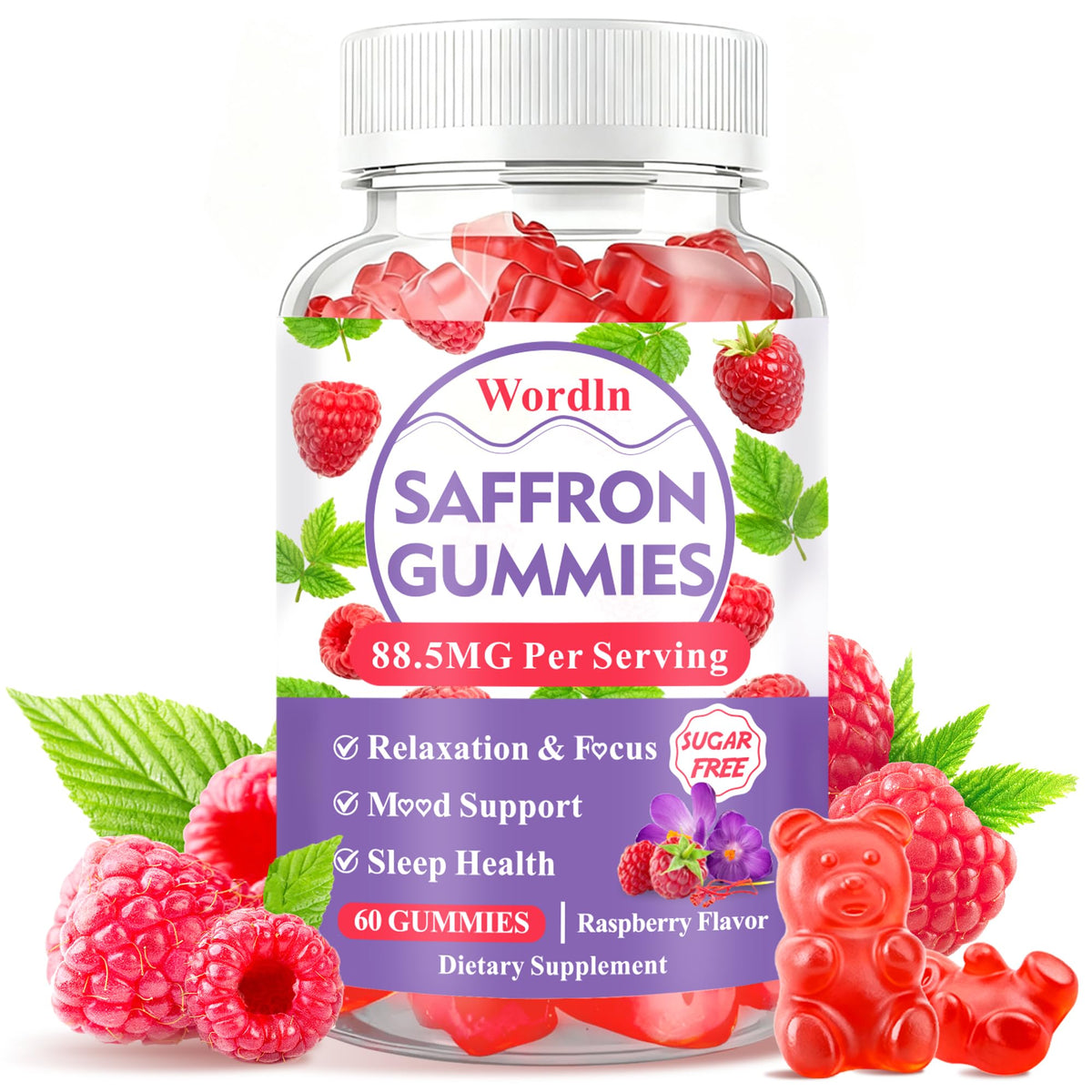 Bouteille de gummies de safran Wordln vue de face avec étiquette