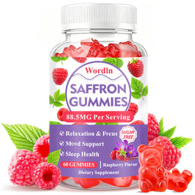 Bouteille de gummies de safran Wordln vue de face avec étiquette