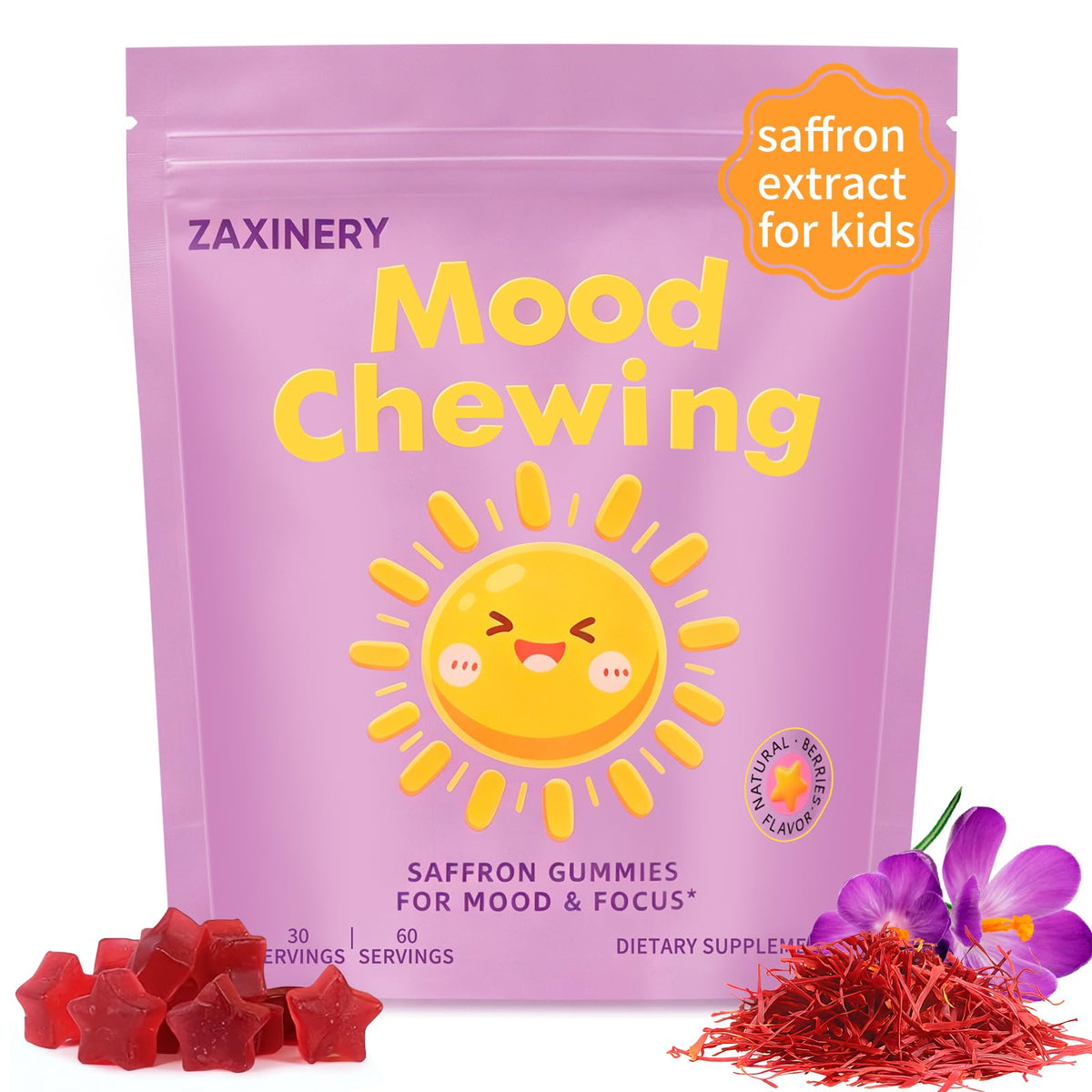 Bouteille de Gummies de Safran ZAXINERY avec 60 gummies au goût de baies