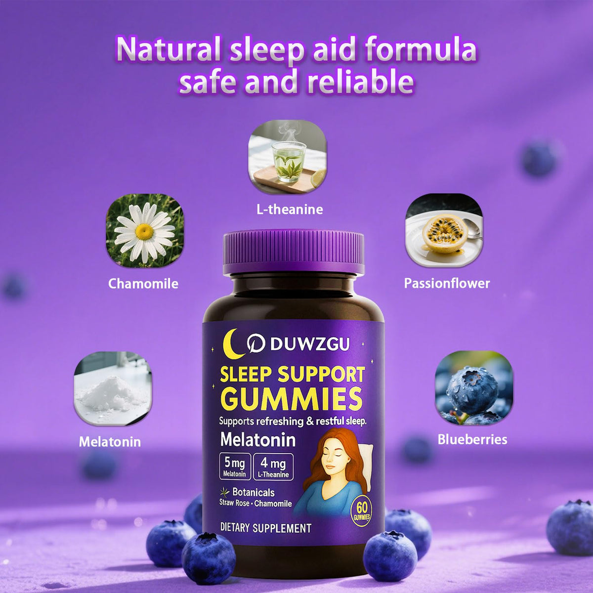 Bouteille de Gummies de Sommeil DUWZGU, 60 gummies