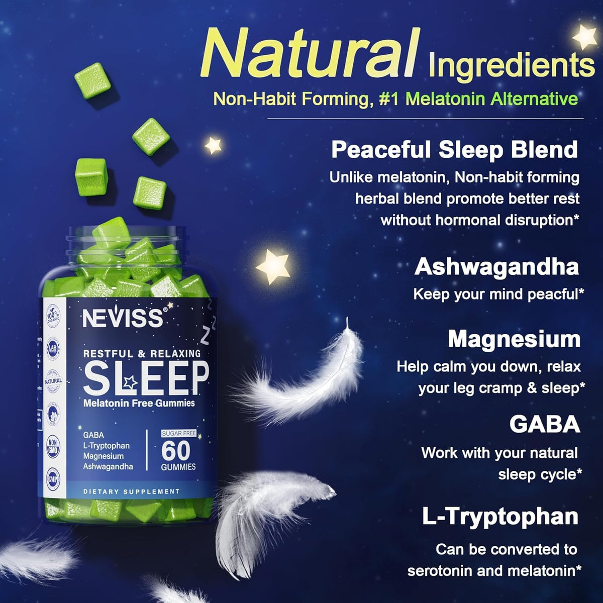 Bouteille de gummies de sommeil NEVISS avec étiquette visible