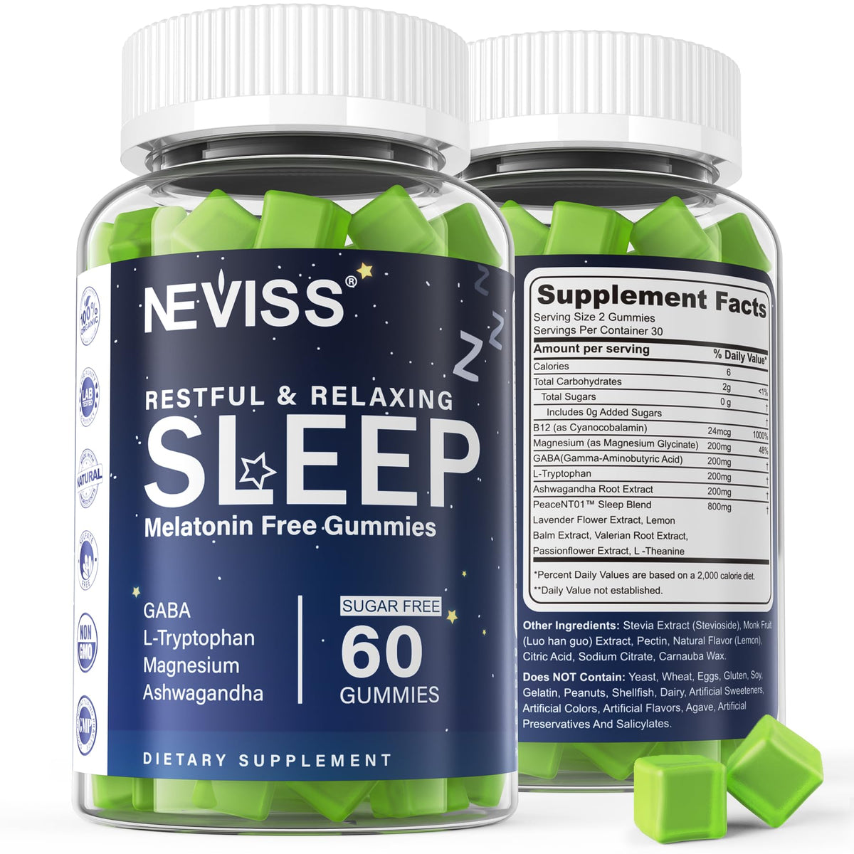 Bouteille de gummies de sommeil NEVISS sans mélatonine, 60 unités
