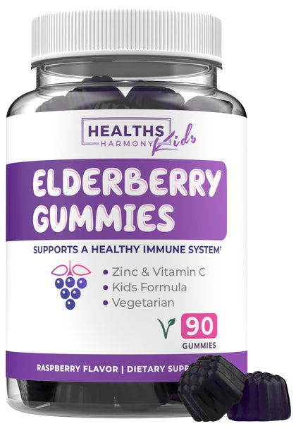 Bouteille de Gummies de Sureau pour Enfants Healths Harmony, 90 gummies au goût berry