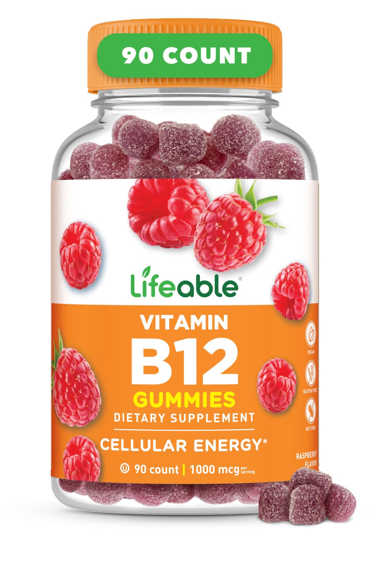 Bouteille de gummies de vitamine B12 Lifeable, 90 unités, vue de face