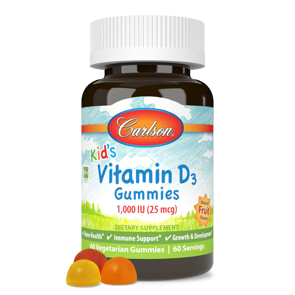 Bouteille de gummies de vitamine D3 Carlson 1000 IU, vue de face