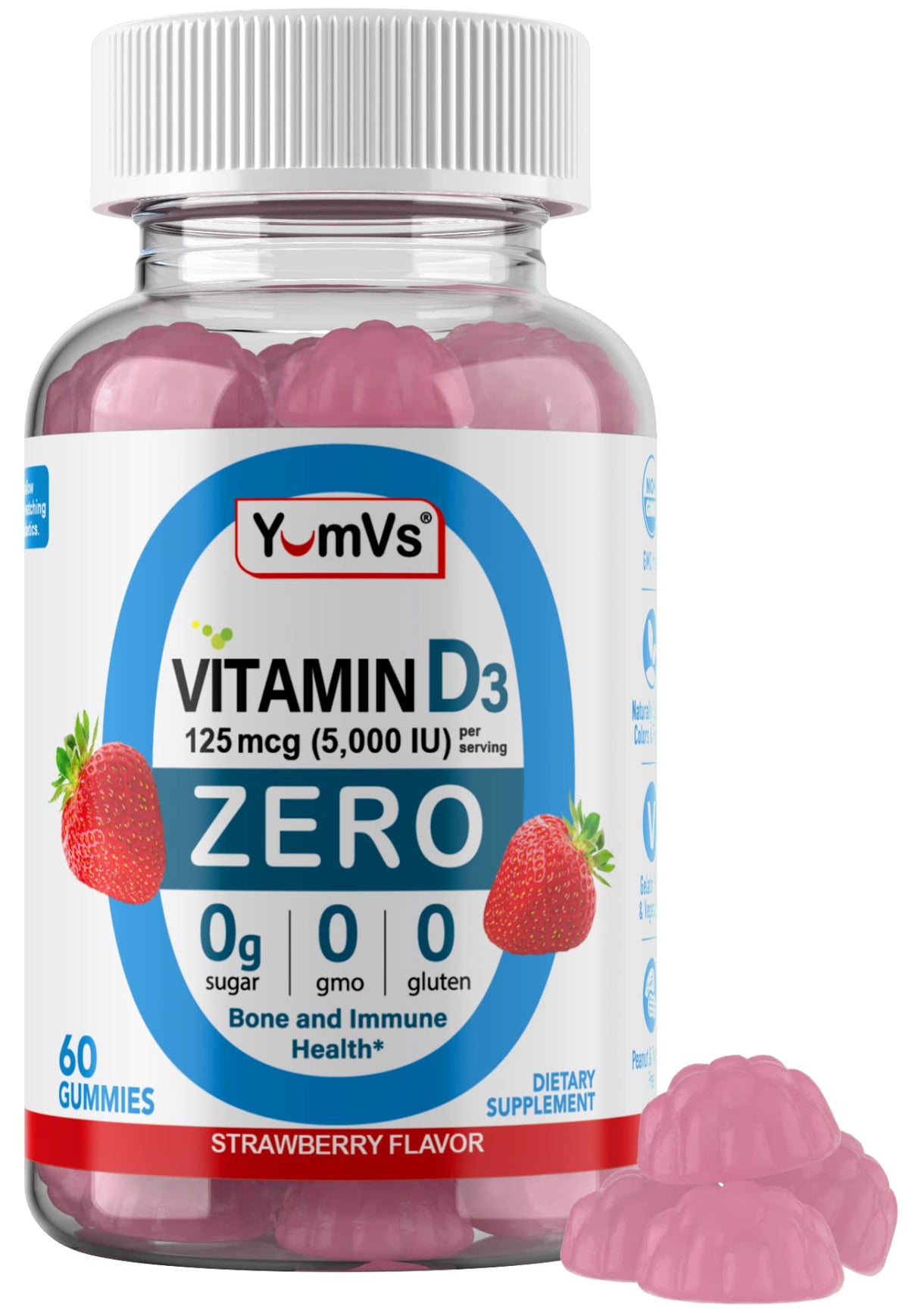 Bouteille de gummies de vitamine D3 YUM-V'S 125 mcg, vue de face