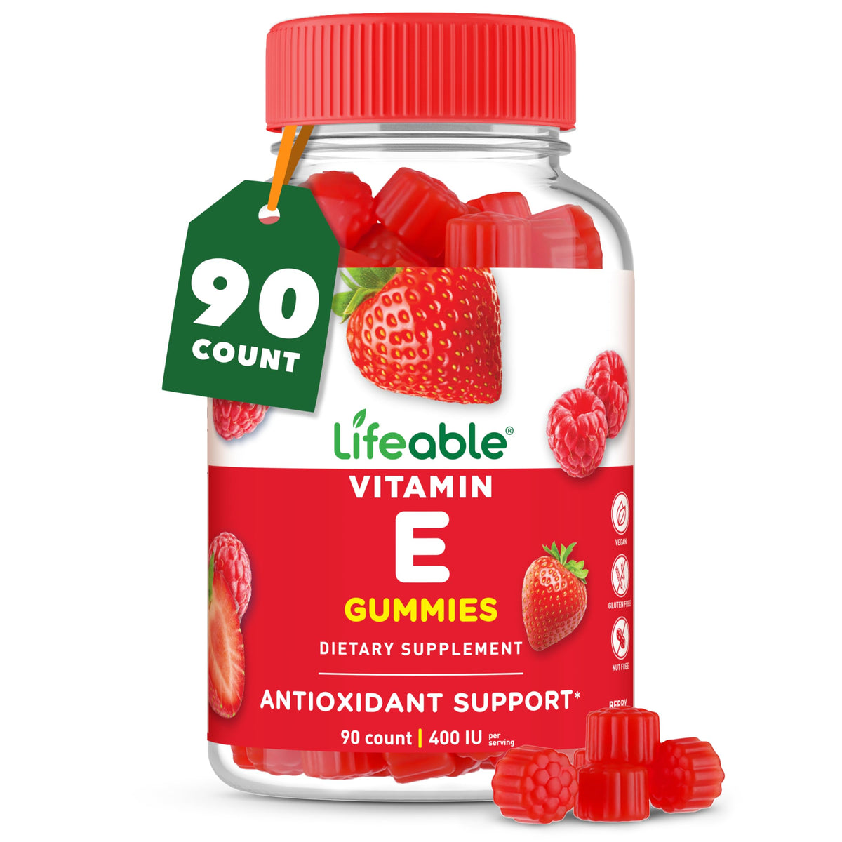 Bouteille de gummies de vitamine E Lifeable, 90 gummies, vue de face
