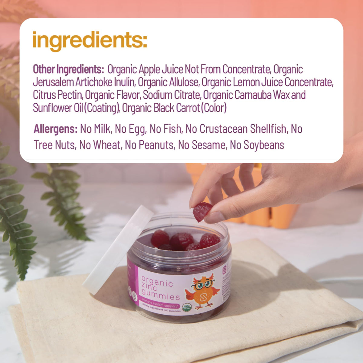 Bouteille de Gummies de Zinc Biologiques Serawise ouverte