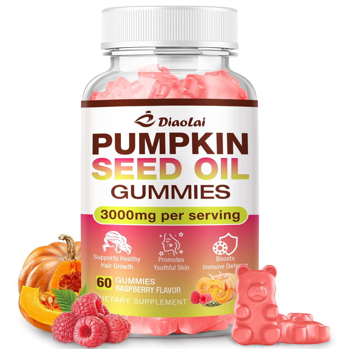 Bouteille de gummies DIAOLAI à l'huile de pépin de citrouille, 60 comprimés, vue de face