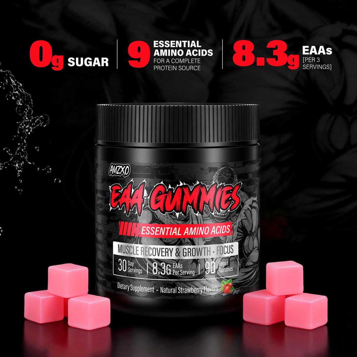 Bouteille de gummies EAA AMZXO avec étiquette visible