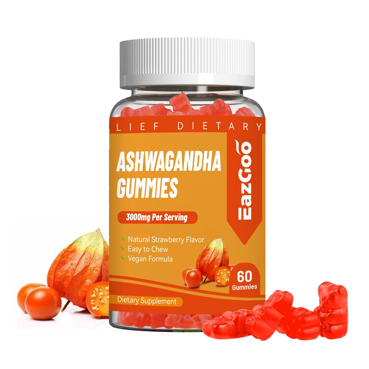 Bouteille de gummies EAZGOO Ashwagandha 3000mg avec étiquette
