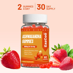 Bouteille de gummies EAZGOO Ashwagandha sur une table avec des accessoires de santé