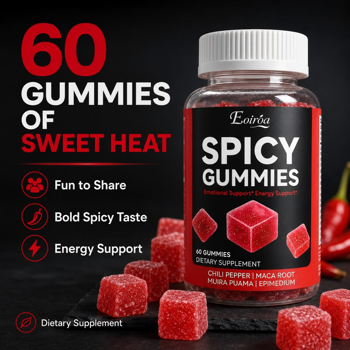 Bouteille de gummies Eoiroa avec étiquette visible