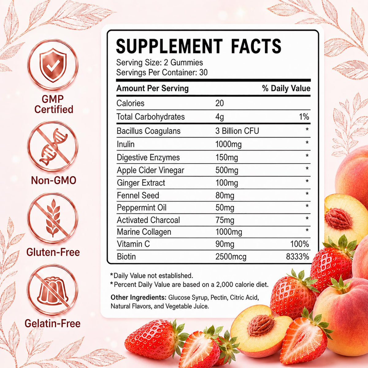 Bouteille de gummies fiocko avec couvercle, goût pêche-fraise