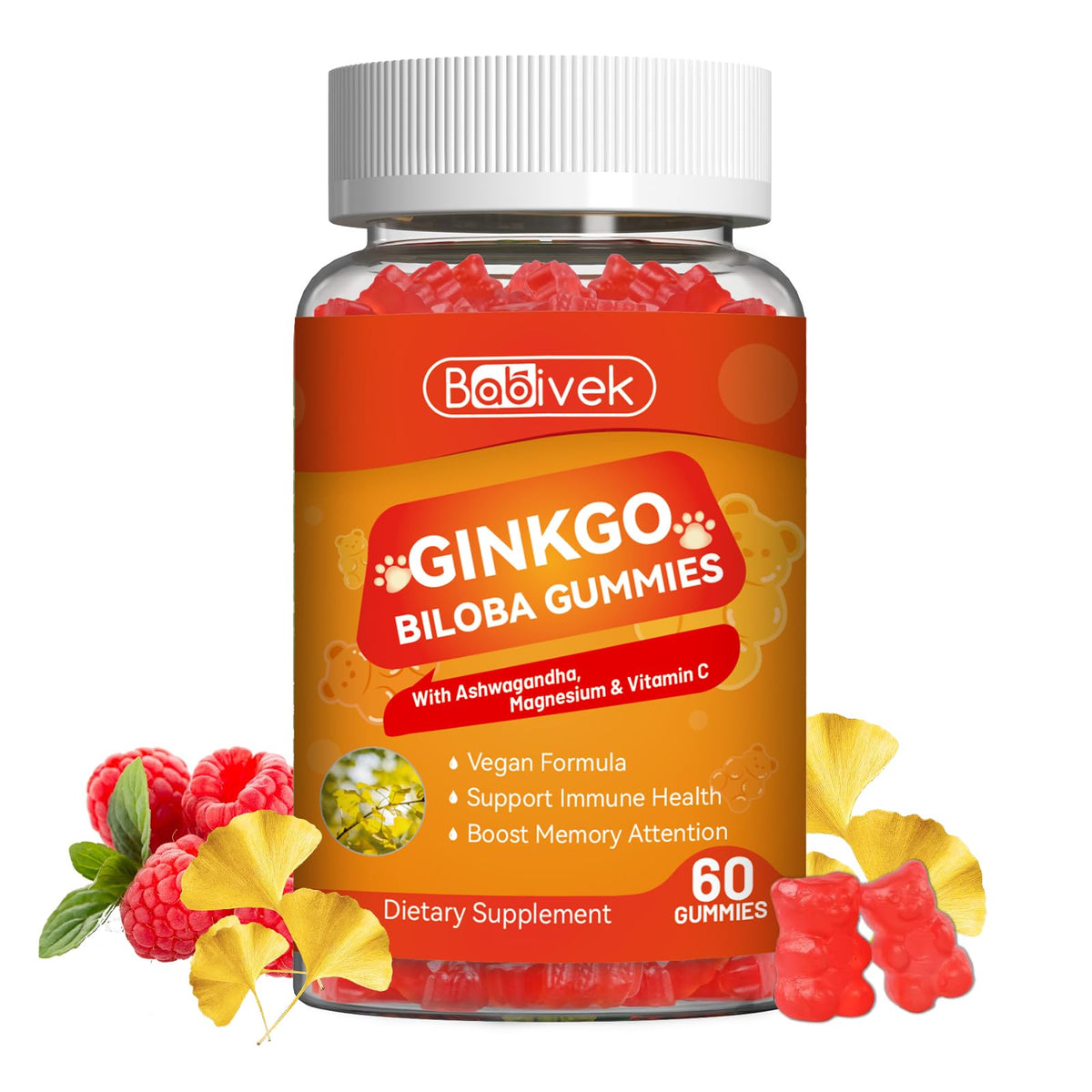 Bouteille de gummies Ginkgo Biloba Babivek saveur framboise vue de face