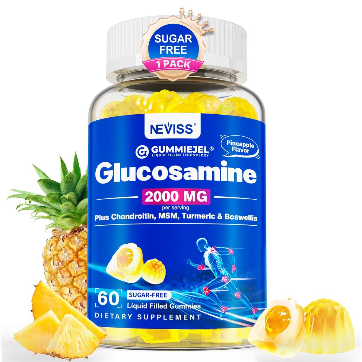 Bouteille de gummies glucosamine NEVISS vue de face avec étiquette