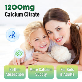 Bouteille de gummies GREABBY Calcium Citrate 1200mg à côté d'une assiette de fruits
