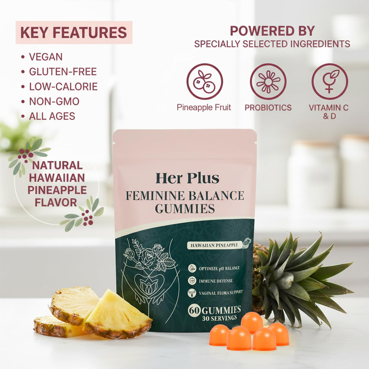 Bouteille de gummies Her Plus Nutrition sur un fond naturel