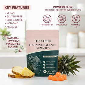 Bouteille de gummies Her Plus Nutrition sur un fond naturel