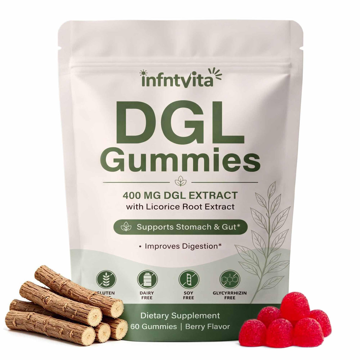 Bouteille de gummies INFNTVITA à la racine de réglisse DGL, 60 unités