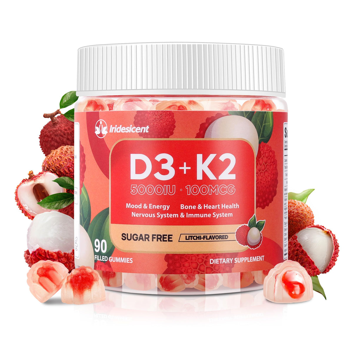 Bouteille de gummies IRIDESICENT Vitamines D3 K2 5000 UI vue de face