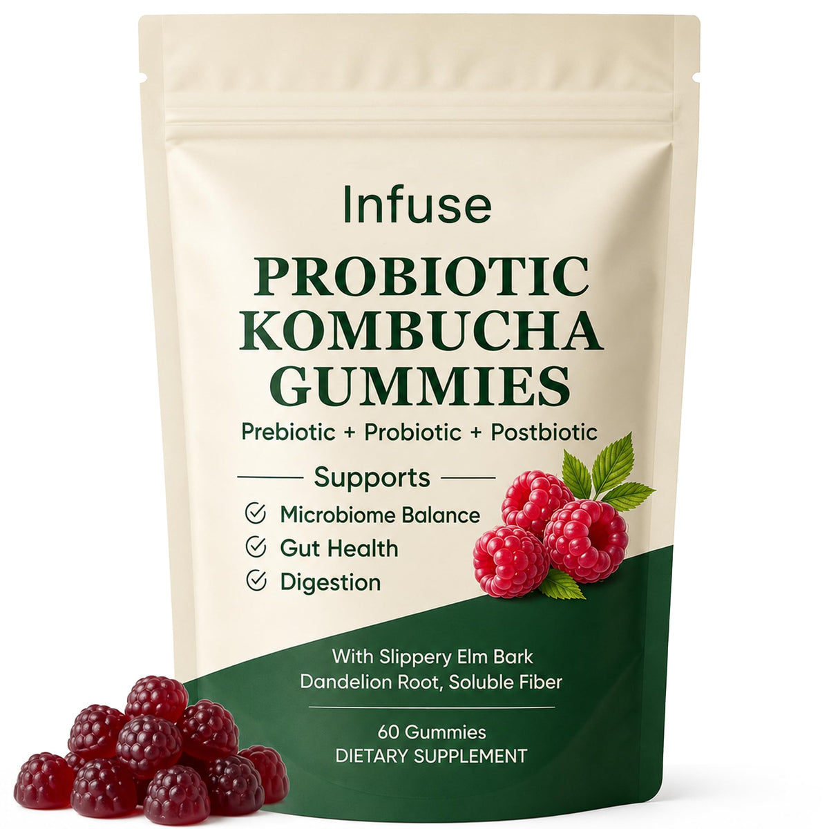 Bouteille de gummies Kombucha infuse probiotic 60 unités framboise
