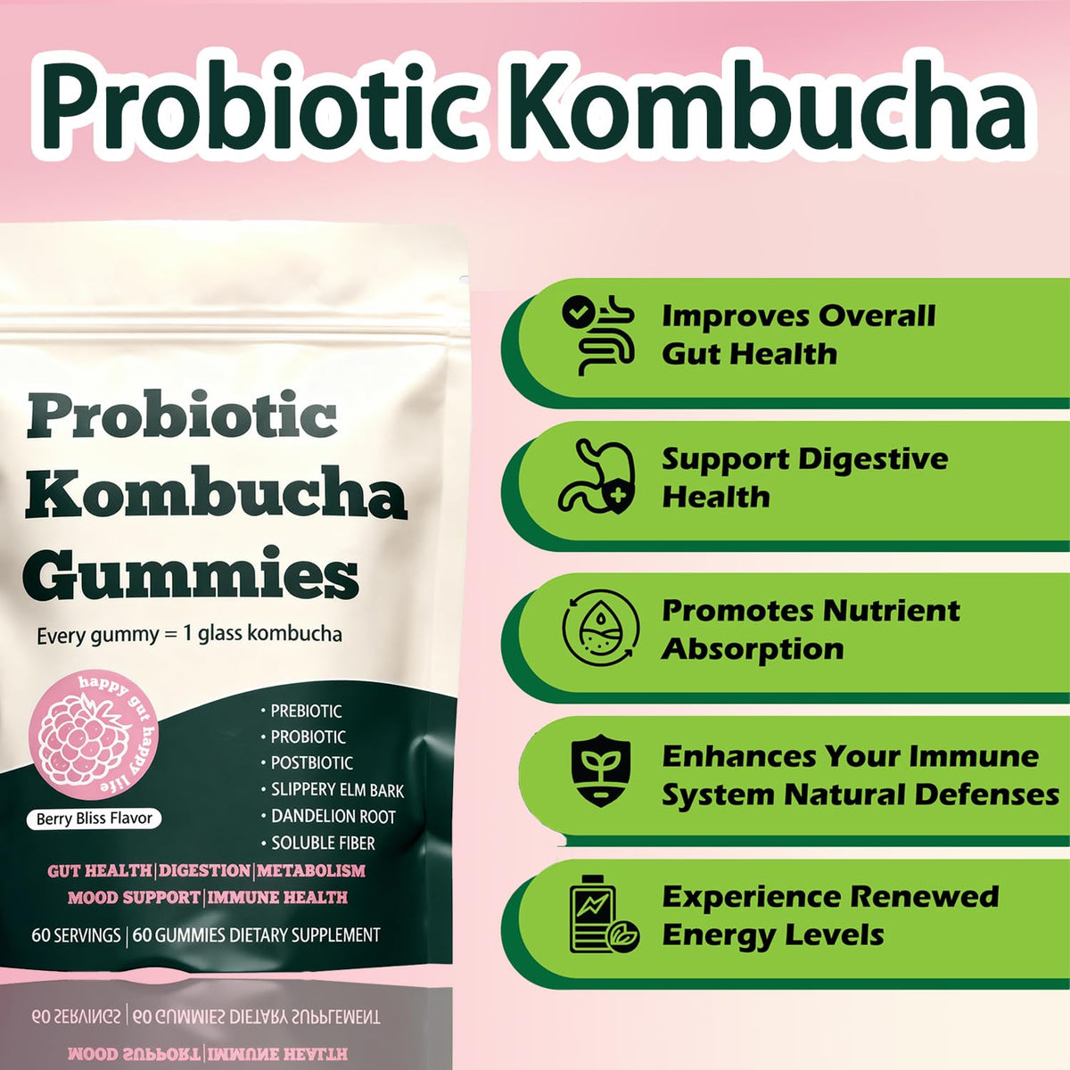 Bouteille de gummies Kombucha Voererh ouverte avec des gummies à l'extérieur
