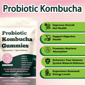 Bouteille de gummies Kombucha Voererh ouverte avec des gummies à l'extérieur