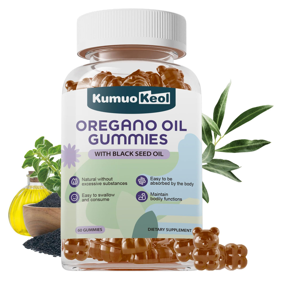 Bouteille de gummies KumuoKeol à l'huile d'origan et de nigelle, vue de face