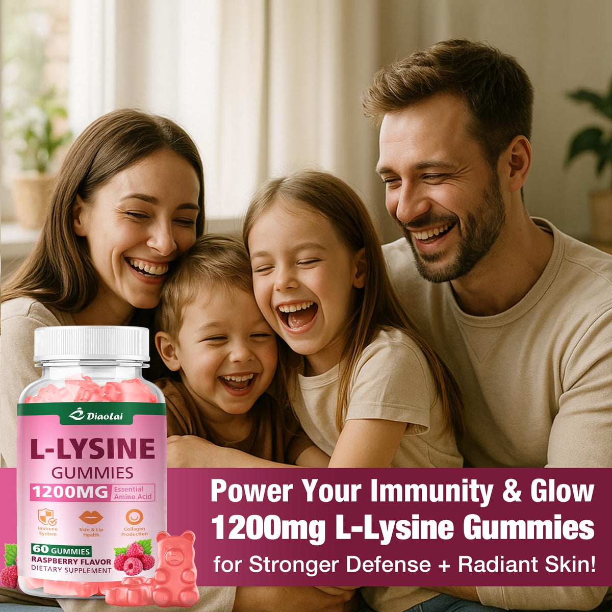 Bouteille de gummies L-Lysine DIAOLAI ouverte avec gummies visibles