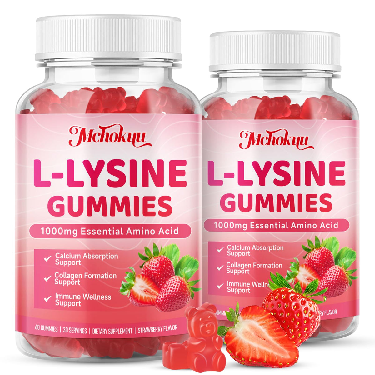Bouteille de gummies L-Lysine Mchokuu 1000mg, 120 compotes fraise