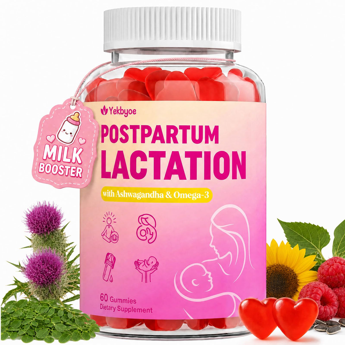 Bouteille de gummies lactation YEKBYOE avec étiquette visible
