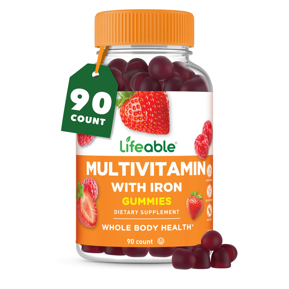 Bouteille de gummies Lifeable multivitamines à mâcher avec fer, 90 pièces