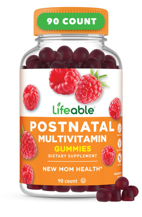 Bouteille de gummies Lifeable multivitamines postnatales avec étiquette colorée