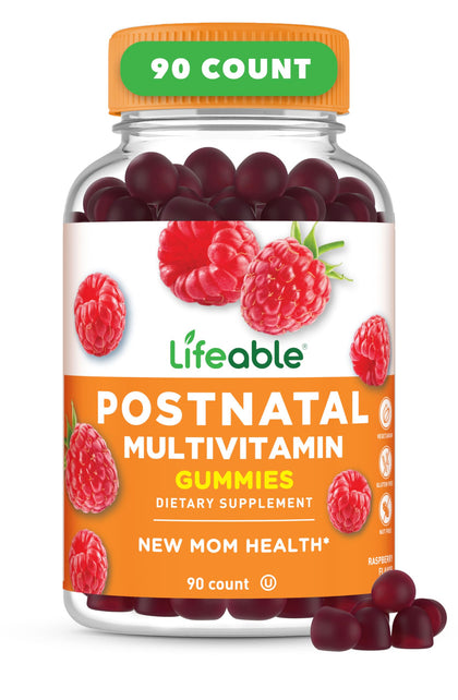 Bouteille de gummies Lifeable multivitamines postnatales avec étiquette colorée