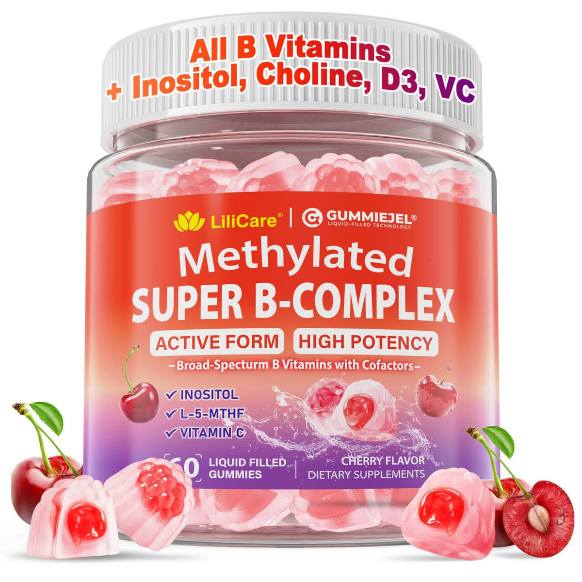 Bouteille de gummies LILICARE complexe de vitamines B methylées, 60ct